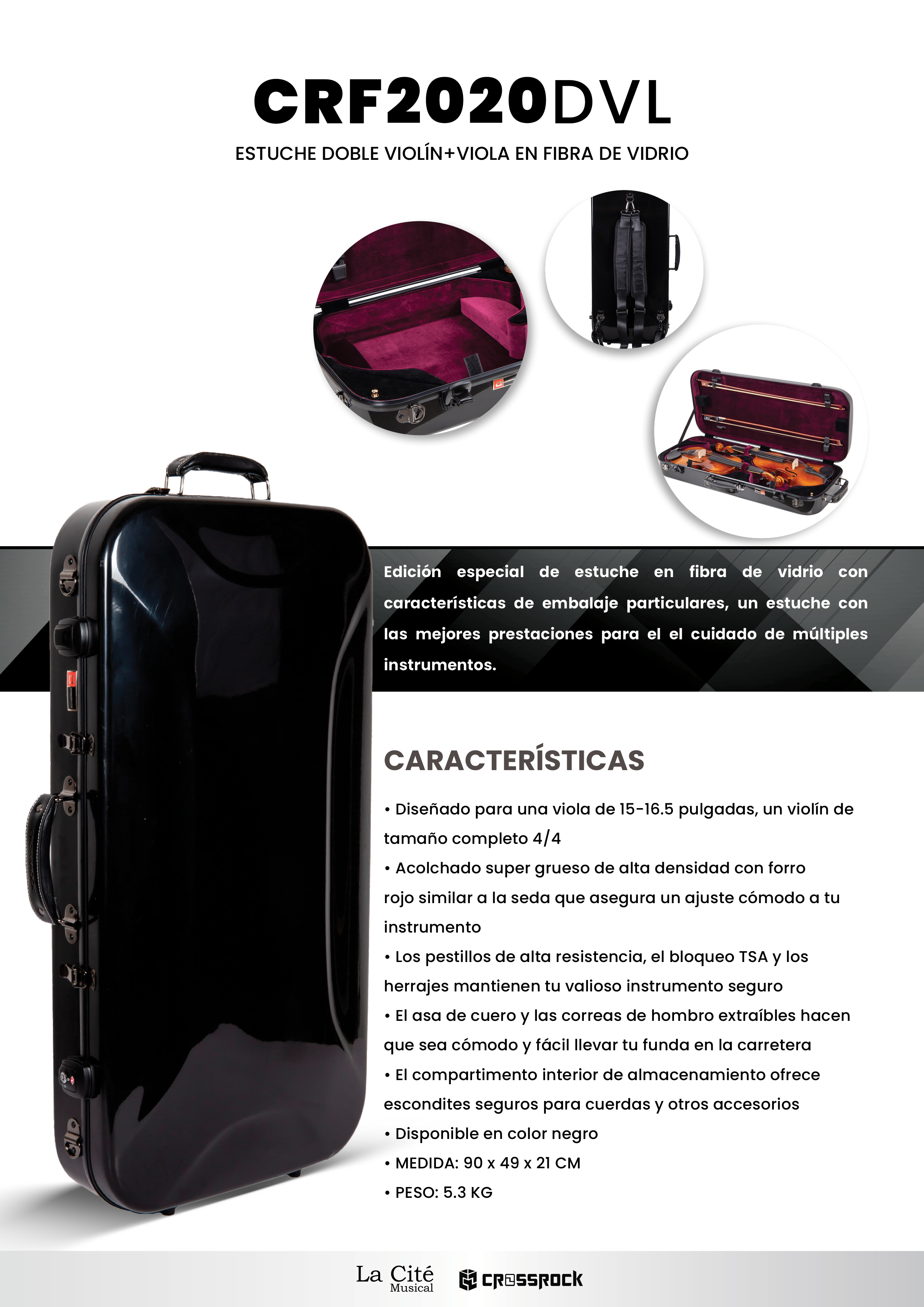 Estuche Crossrock CRF2020DVLBK Fibra de Vidrio Triangular Doble Violín-viola